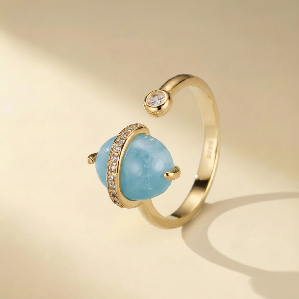 Bague Aigue Marine "Galaxie Bleue" Argent Doré Or 14K