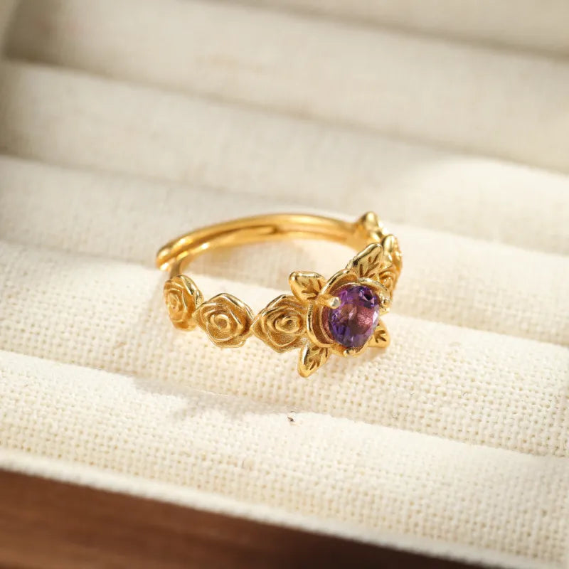 Amethyst Ring "Floral Dream" Silver Plated Gold