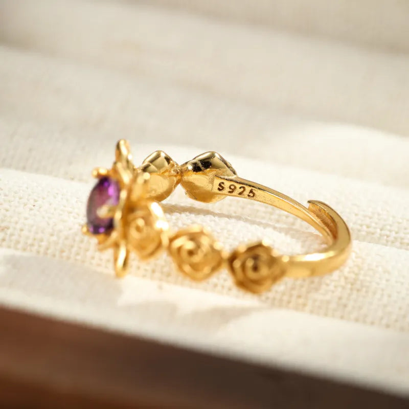 Amethyst Ring "Floral Dream" Silver Plated Gold