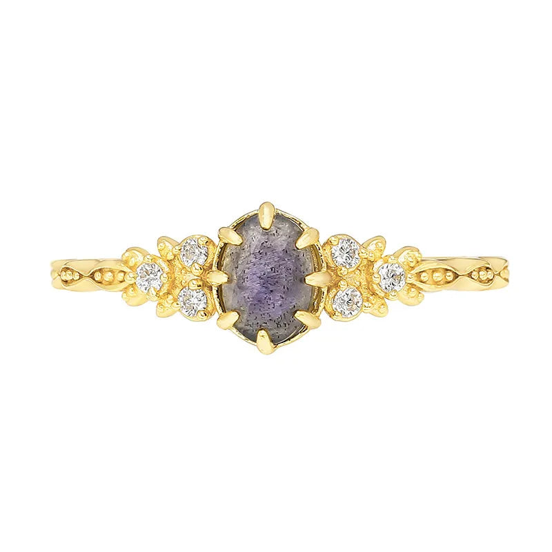 Bague Labradorite et Cordiérite – Apaisement, Argent Plaqué Or