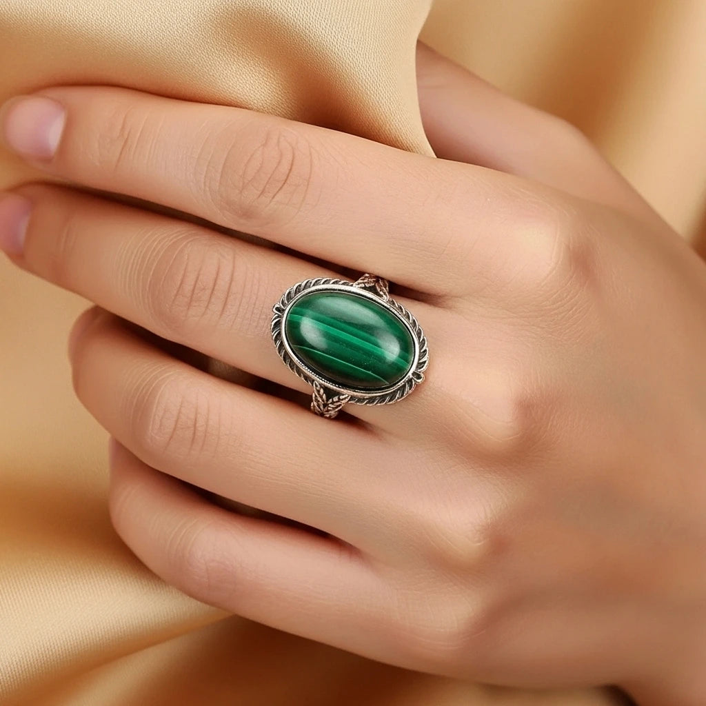 Bague "Aura Intemporelle" en argent sertie d'une pierre ovale de malachite verte aux motifs naturels concentriques, portée au doigt.