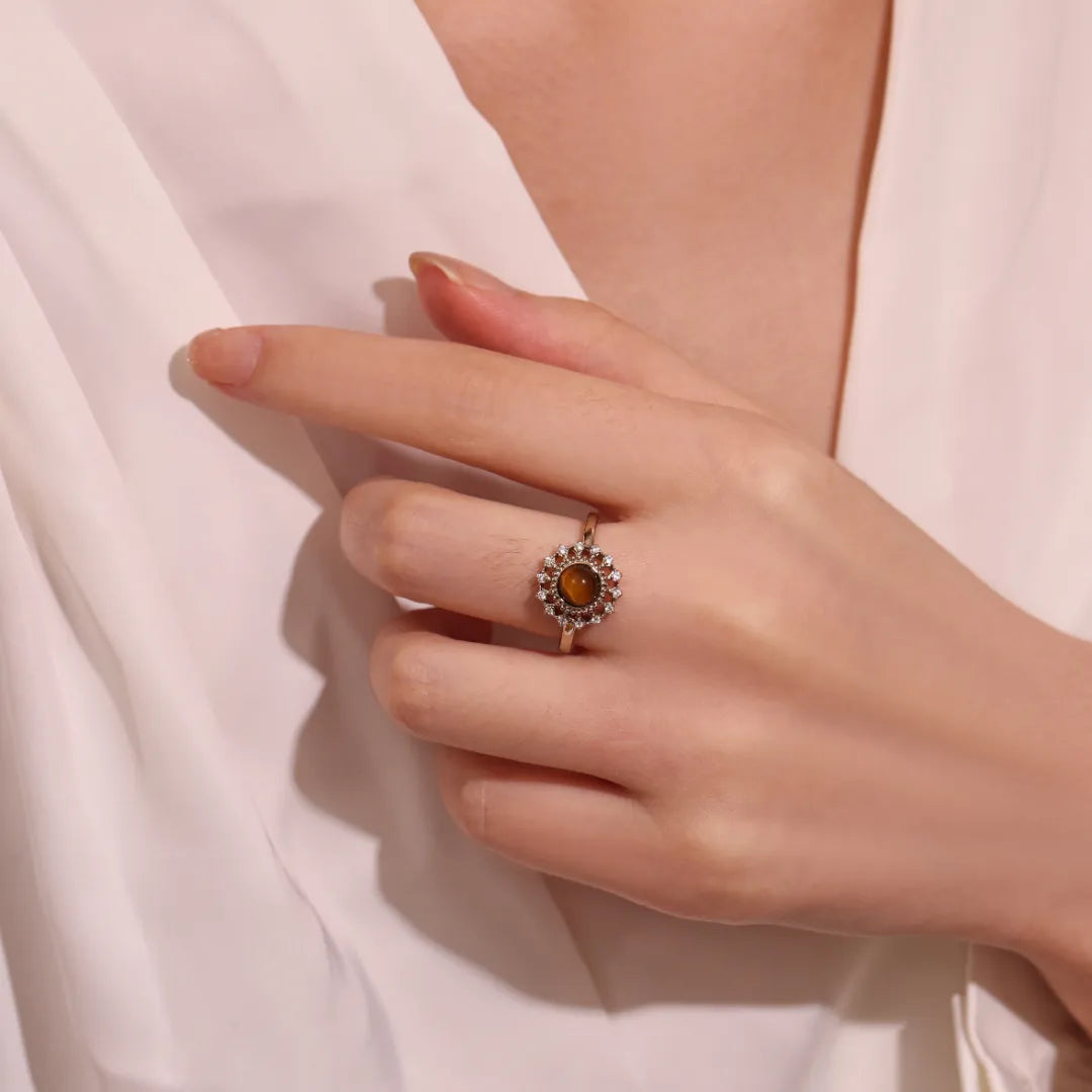 Bague Œil de Tigre "Fleur de Soleil" Argent