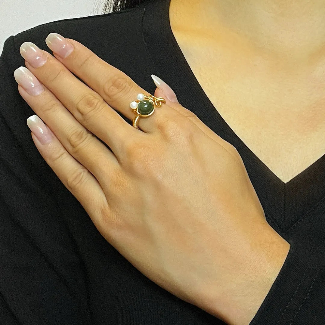 Bague Pierres Naturelles "Chaton Joyeux" Doré Or 14K