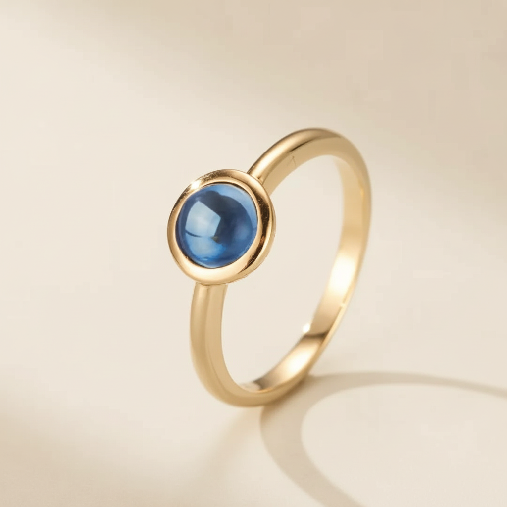 Bague en argent doré or avec une topaze bleue ronde sertie, nom "Éclat de l'Aube"