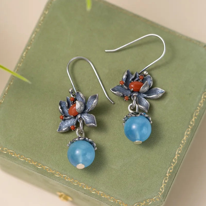 Boucles d'Oreilles Aigue Marine Lotus "Floraison Bleue" Argent