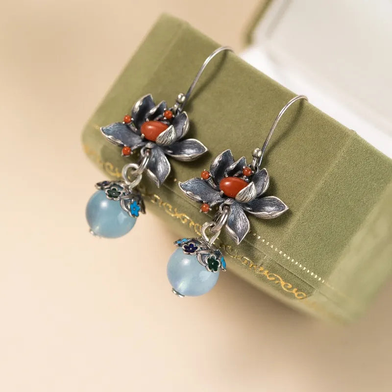 Aquamarine Lotus "Blue Bloom" Silver Earrings