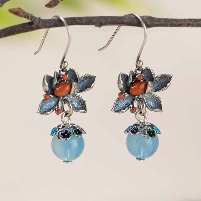 Boucles d'Oreilles Aigue Marine Lotus "Floraison Bleue" Argent