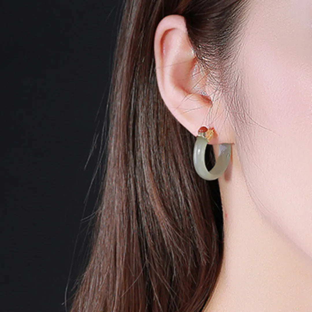 Boucles d'Oreilles Créoles Jade et Agate "Cercle Apaisant" Argent Doré Or