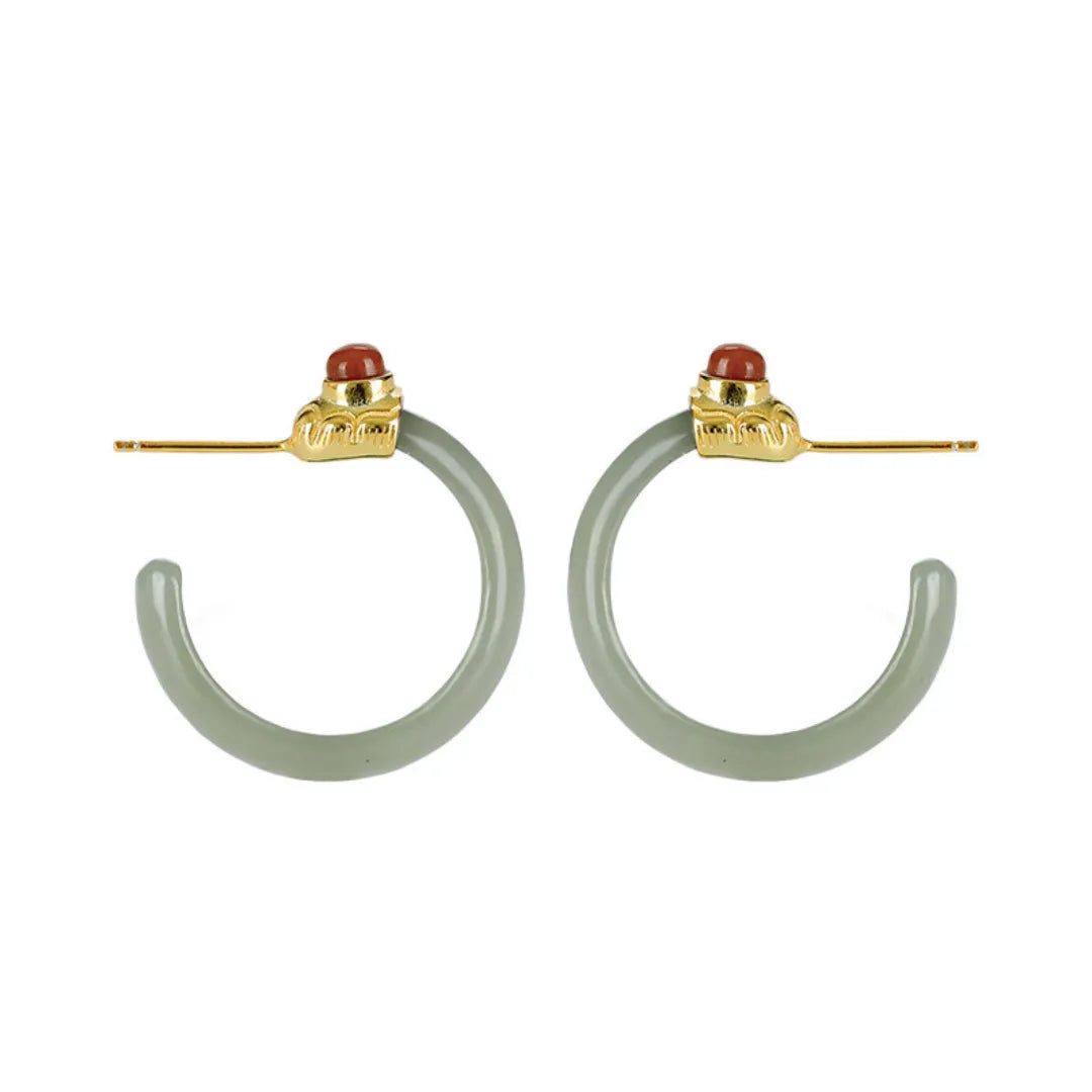 Hoop Earrings Jade and Agate "Soothing Circle" Gold-Plated Silver