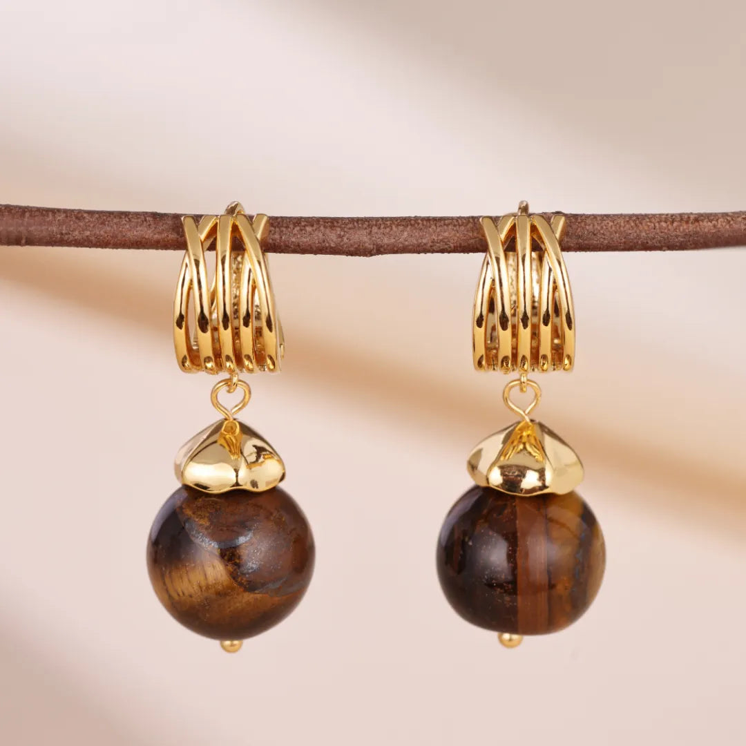 Boucles d'Oreille Œil de Tigre "Éclipse Dorée" Doré Or