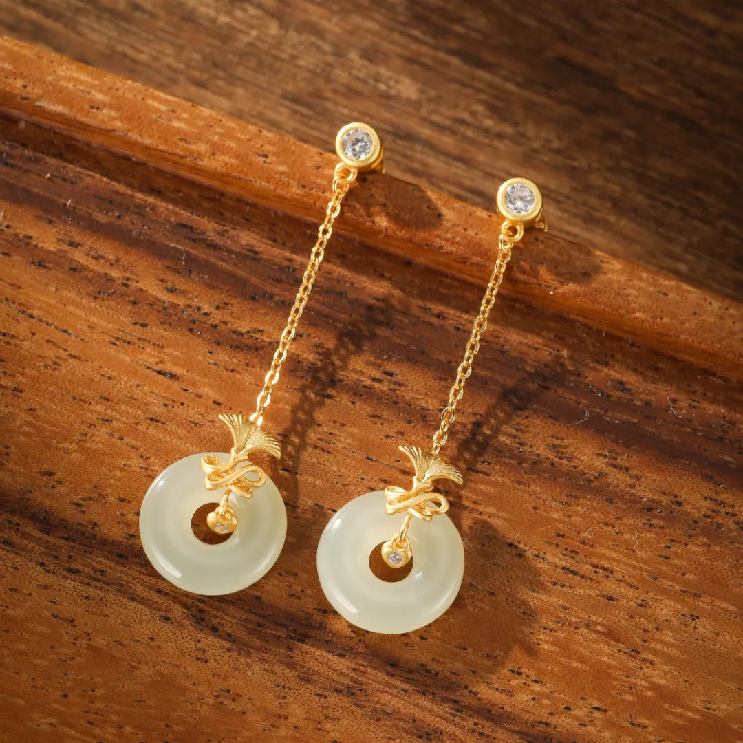 Boucles d'Oreilles Ginkgo Jade Blanc "Danse d'Éternité" Argent Doré Or