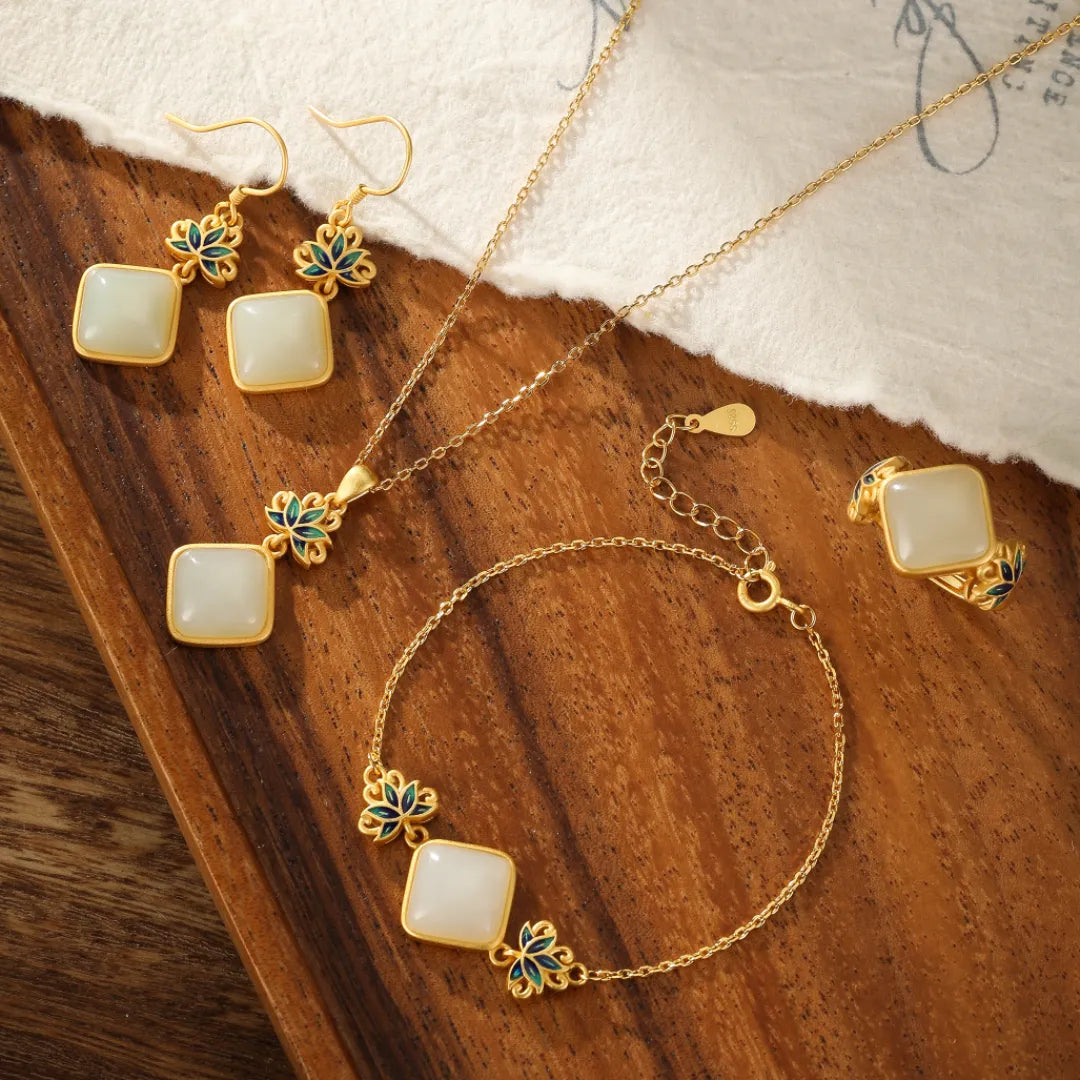 White Jade Necklace "Celestial Lotus" Gold-Plated Silver