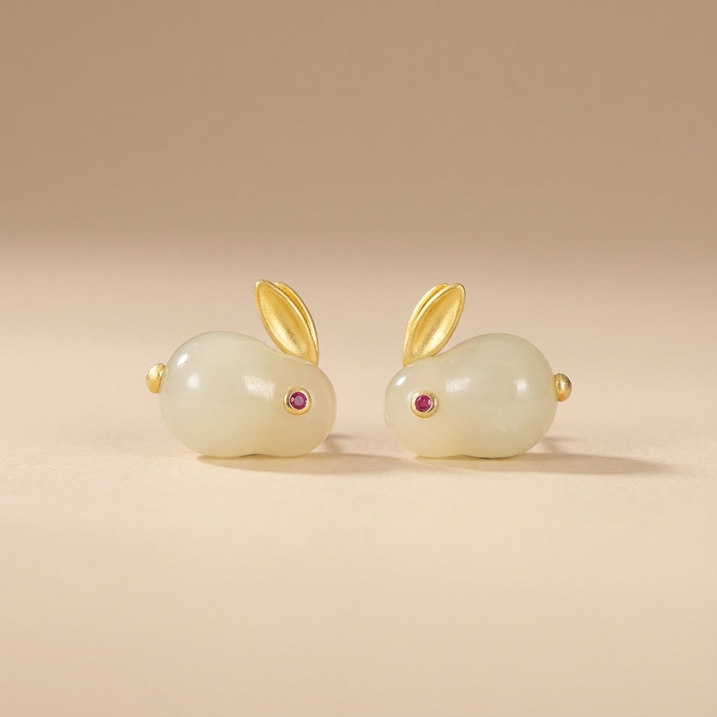 Boucles d'Oreilles Jade "Lapin Doux" Argent Doré Or