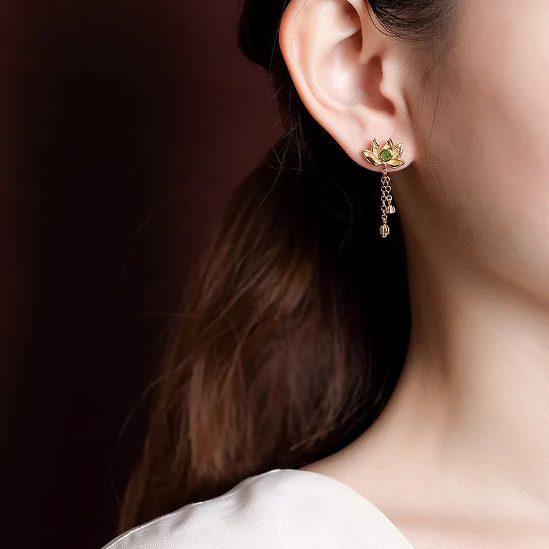 Boucles d'Oreilles Jade Lotus "Lotus d'Or" Argent Doré Or