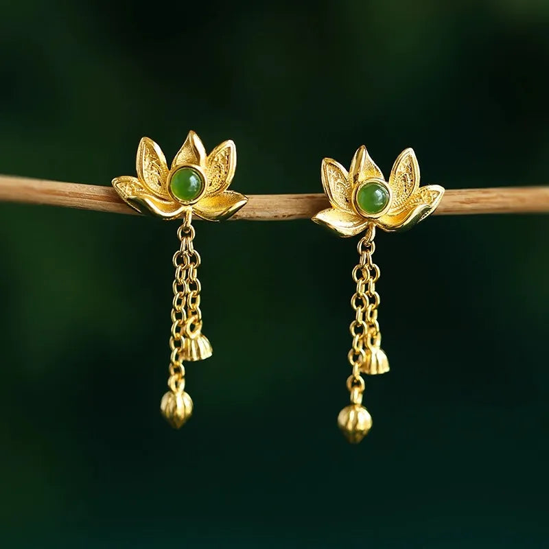 Boucles d'Oreilles Jade Lotus "Lotus d'Or" Argent Doré Or