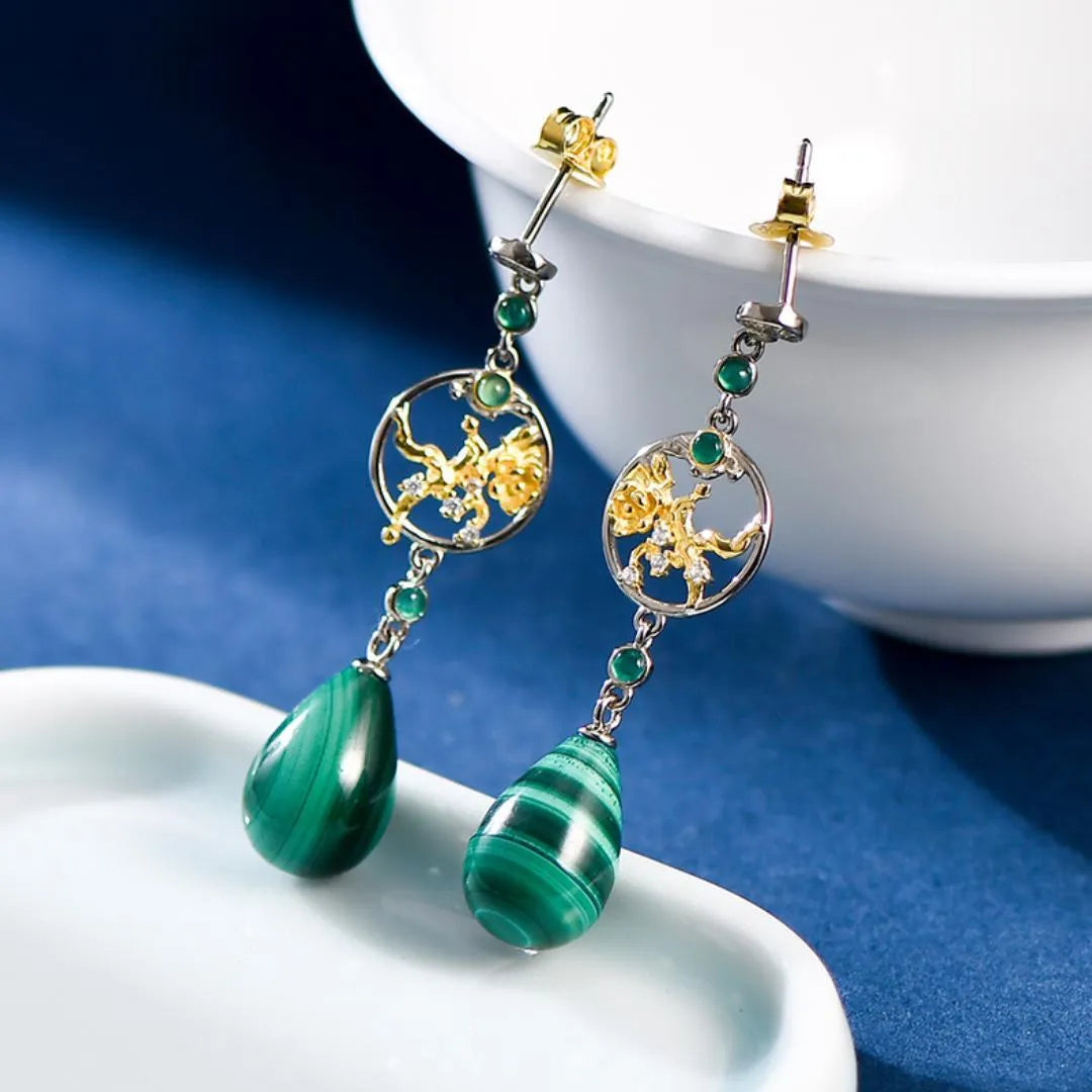 Boucles d’Oreilles Malachite "Eclat Lotus" Argent 925