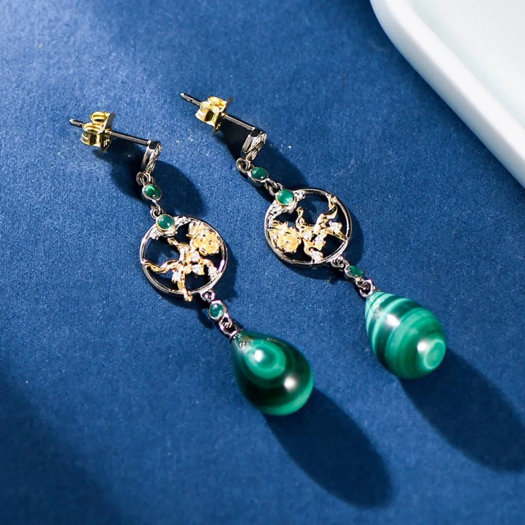 Boucles d’Oreilles Malachite "Eclat Lotus" Argent 925