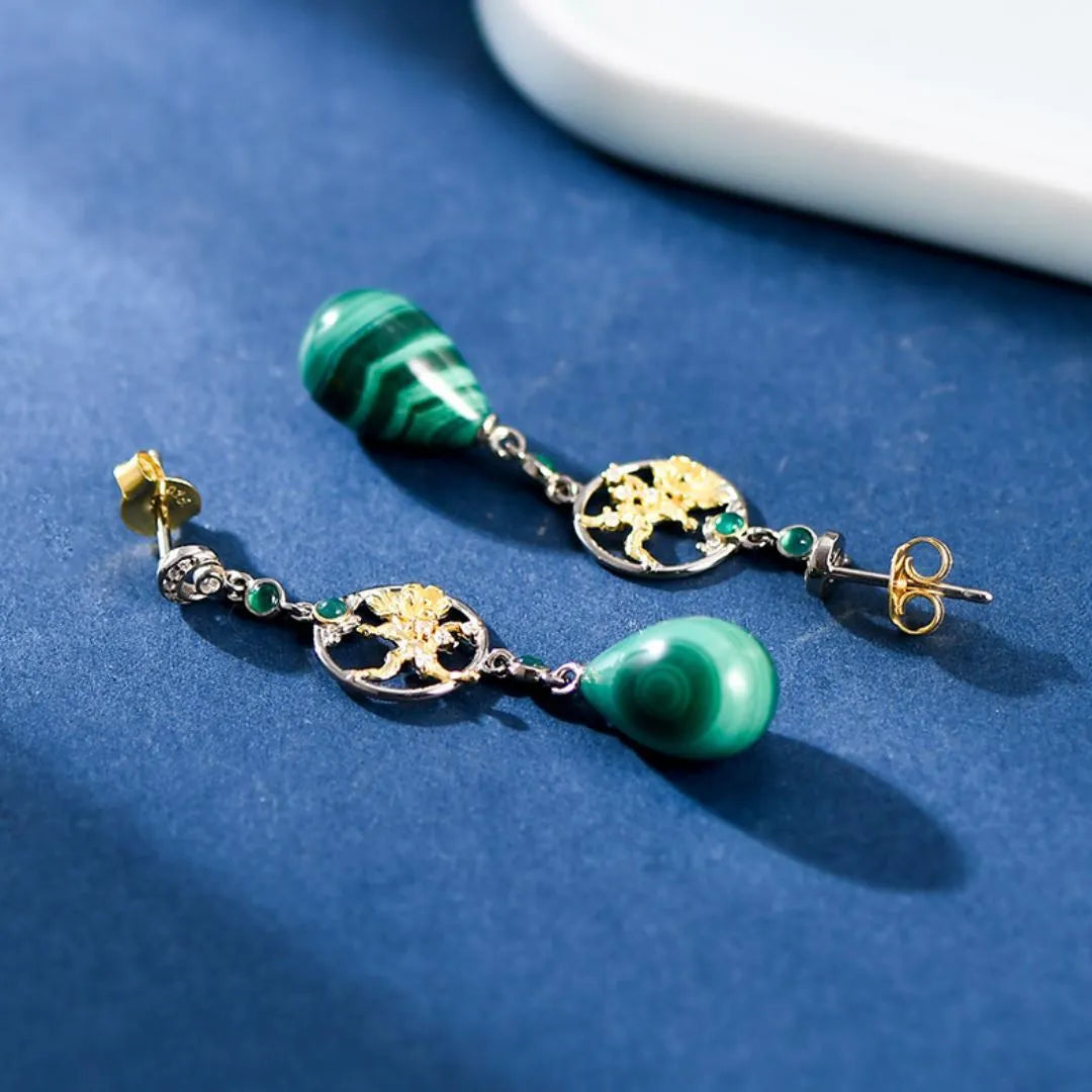 Boucles d’Oreilles Malachite "Eclat Lotus" Argent 925