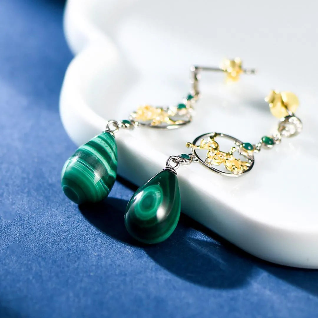 Boucles d’Oreilles Malachite "Eclat Lotus" Argent 925