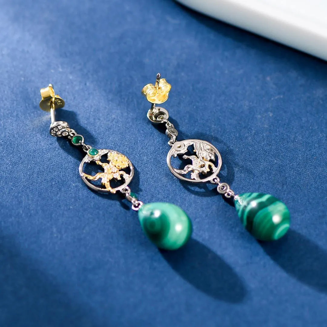 Boucles d’Oreilles Malachite "Eclat Lotus" Argent 925