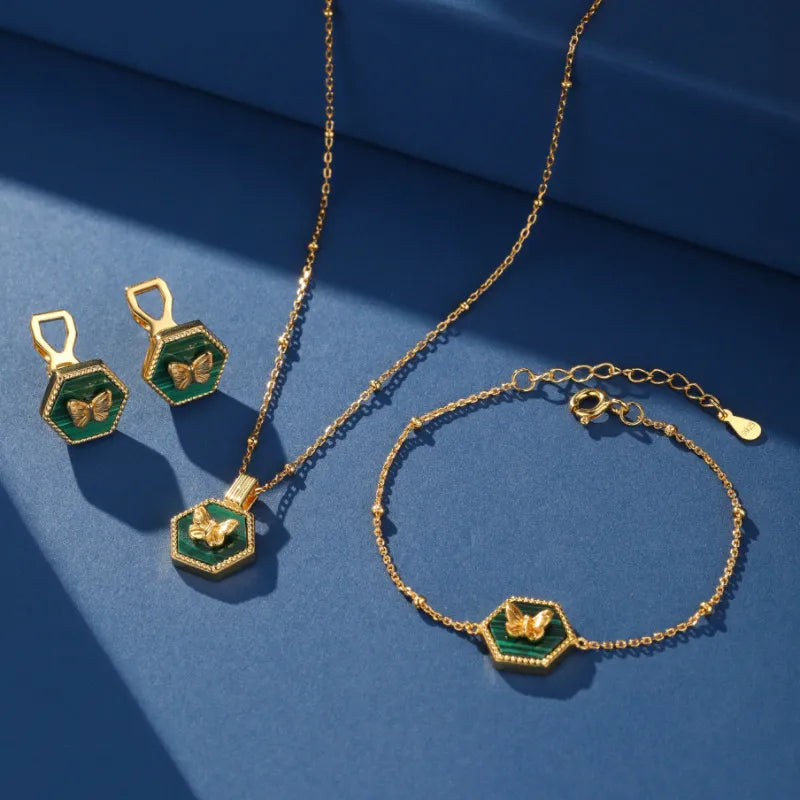 Boucles d'Oreilles Malachite "Gardienne Verte" Argent Plaqué Or