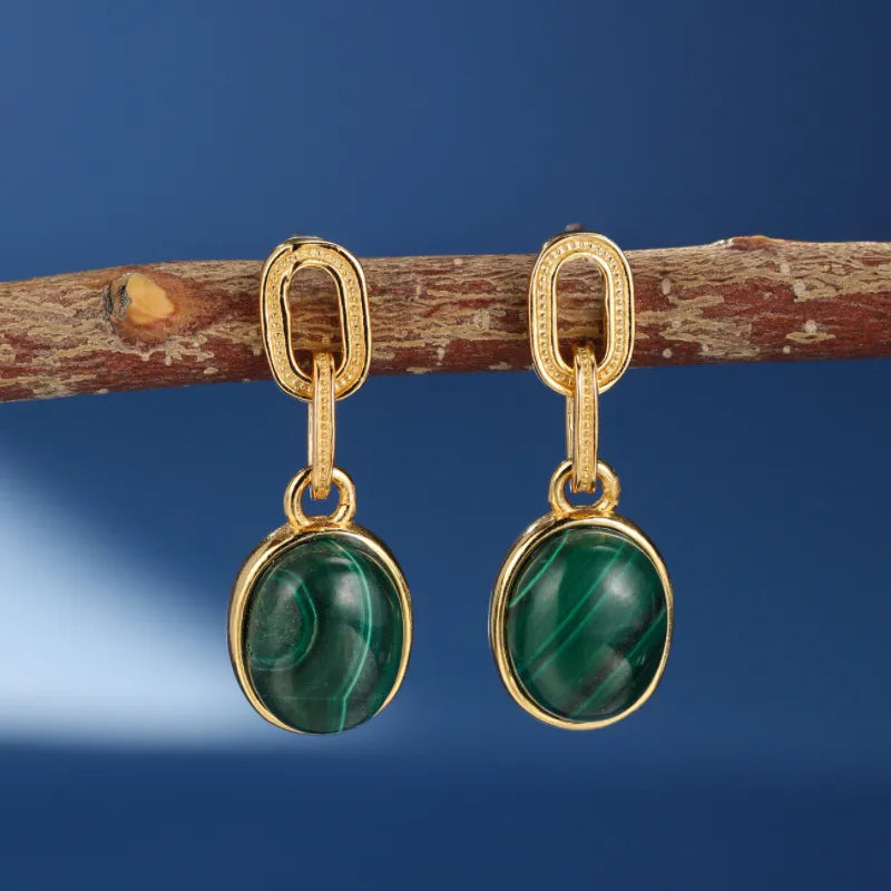 Boucles d’Oreilles Malachite ''Harmonie Dorée'' Argent Plaqué Or