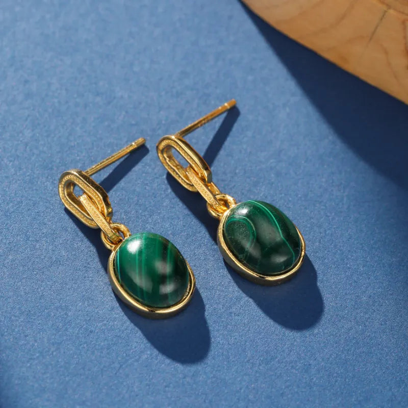 Boucles d’Oreilles Malachite ''Harmonie Dorée'' Argent Plaqué Or