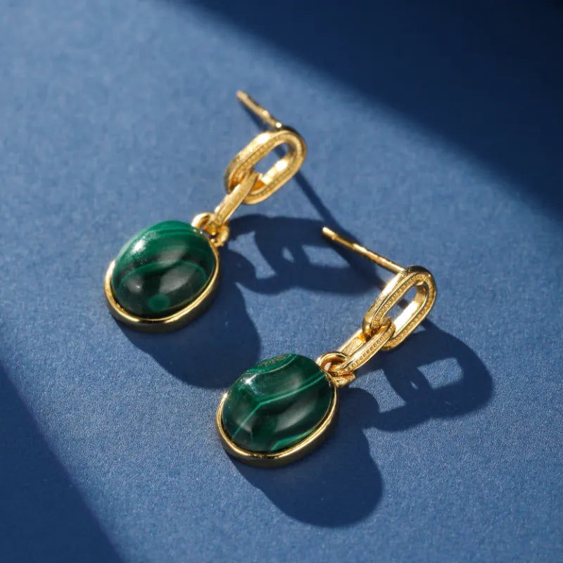 Boucles d’Oreilles Malachite ''Harmonie Dorée'' Argent Plaqué Or