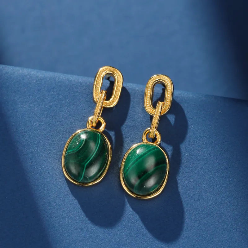 Boucles d’Oreilles Malachite ''Harmonie Dorée'' Argent Plaqué Or