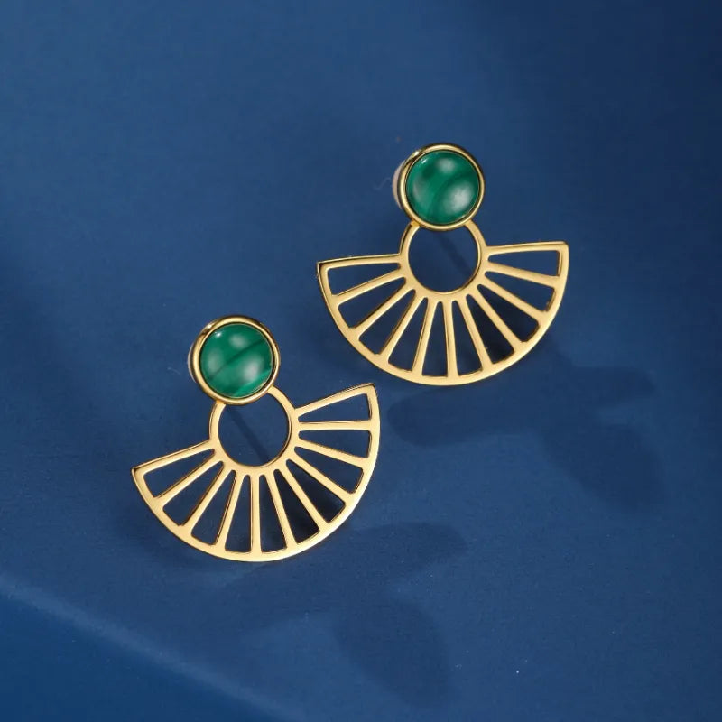 Boucles d’Oreilles Malachite "Rayons d'Or" Argent Plaqué Or