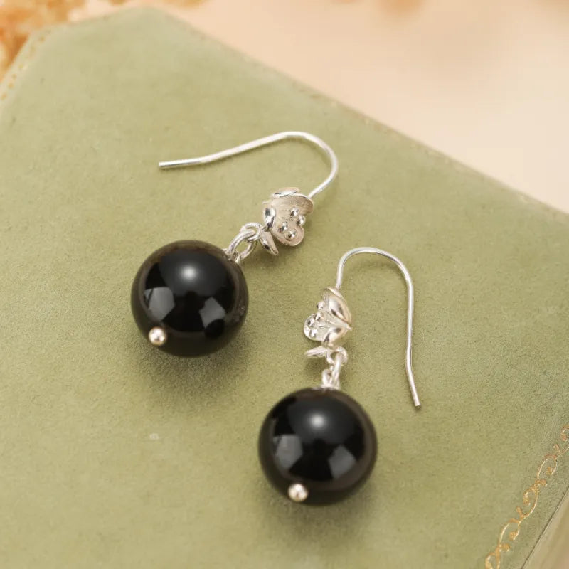 Boucles d'Oreilles Obsidienne "Floraison Protectrice" Argent