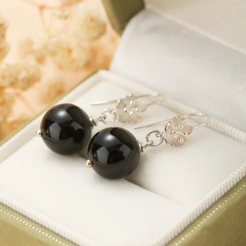 Boucles d'Oreilles Obsidienne "Floraison Protectrice" Argent