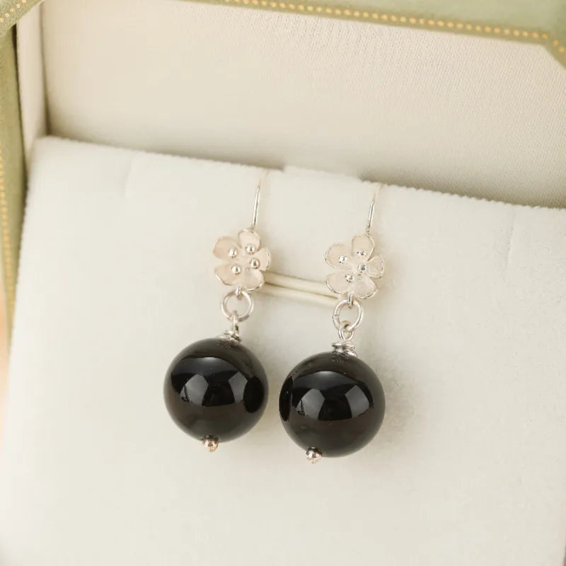 Boucles d'Oreilles Obsidienne "Floraison Protectrice" Argent