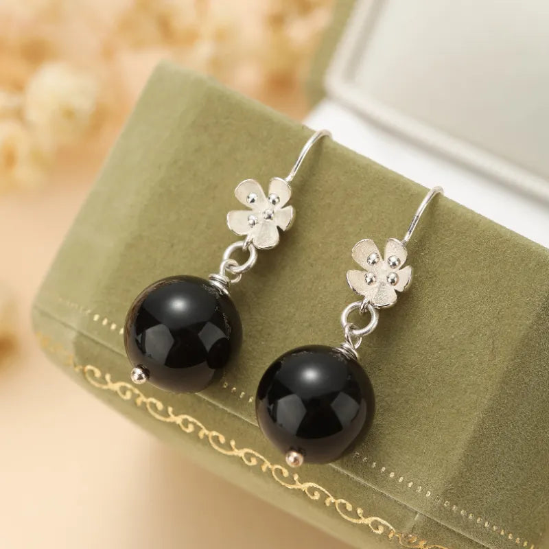 Boucles d'Oreilles Obsidienne "Floraison Protectrice" Argent