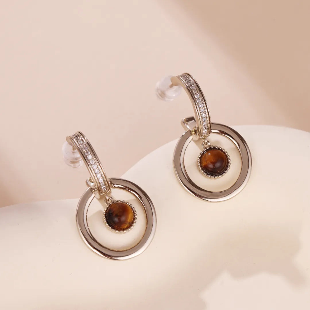 Boucles d'Oreilles Œil de Tigre "Cercle Charmant" Doré Or