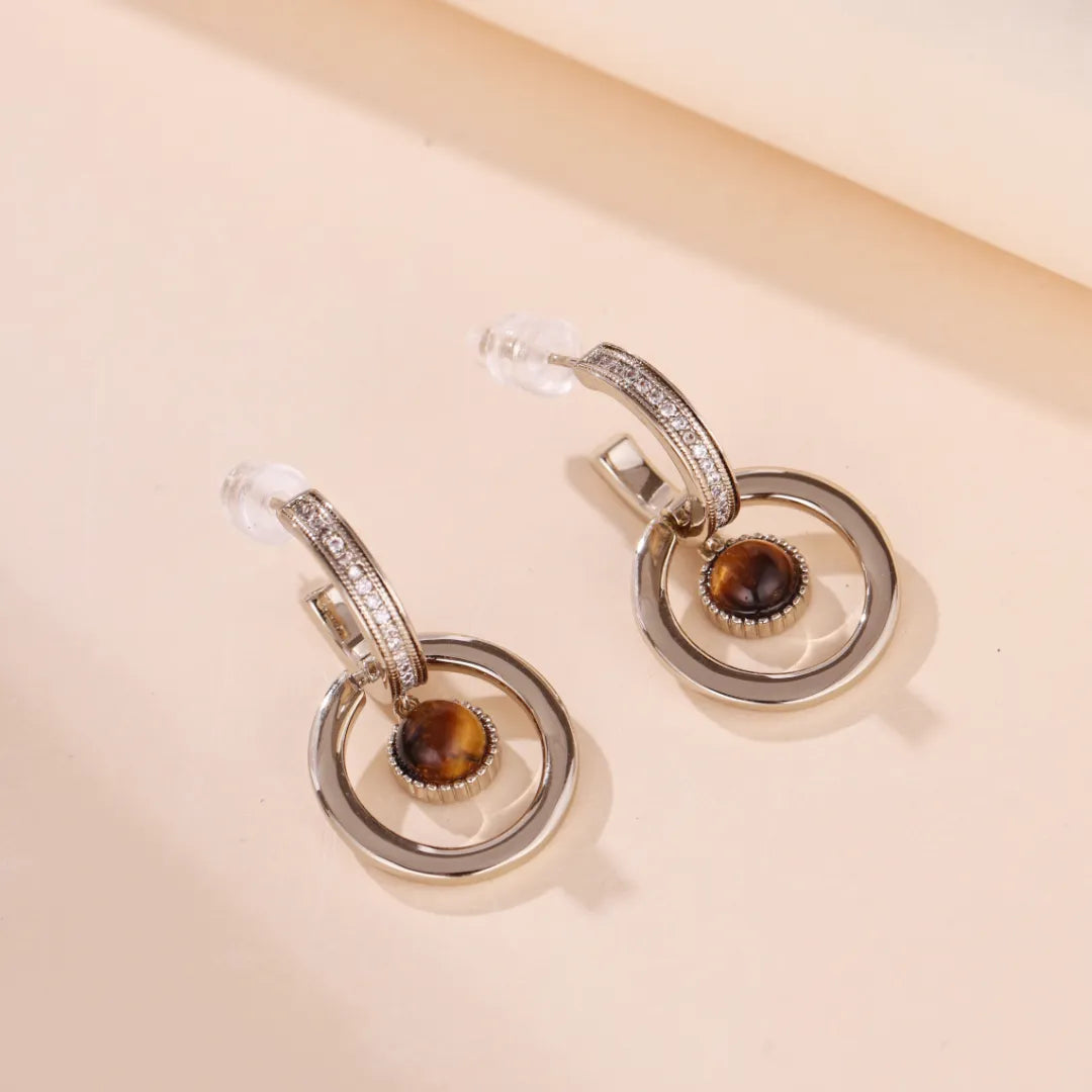 Boucles d'Oreilles Œil de Tigre "Cercle Charmant" Doré Or