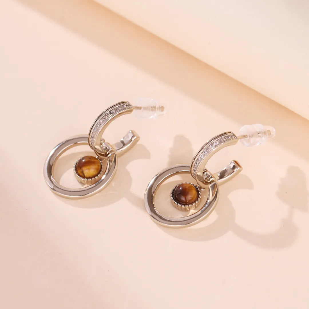 Boucles d'Oreilles Œil de Tigre "Cercle Charmant" Doré Or