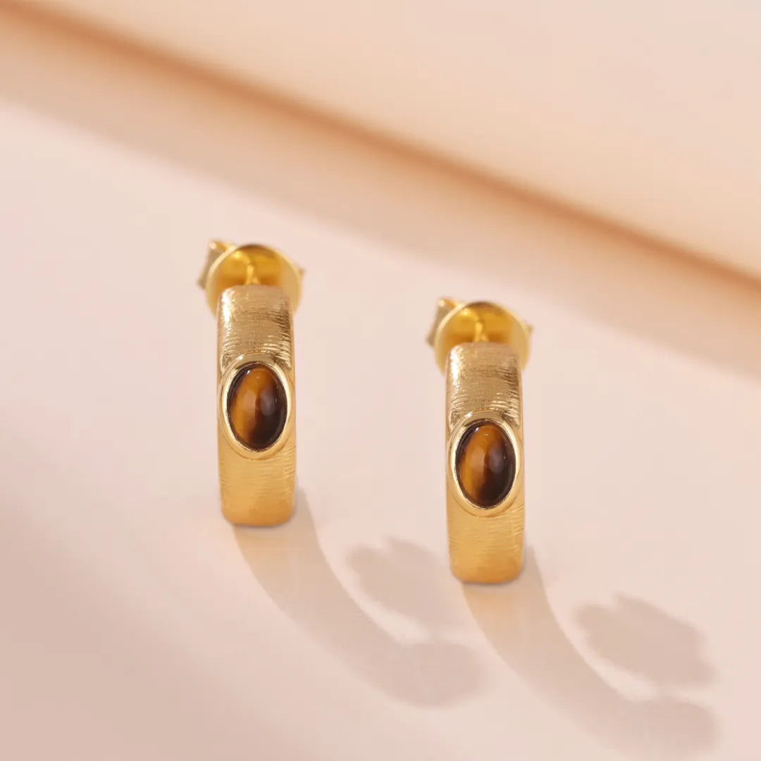 Boucles d'Oreilles Œil de Tigre "Élégance d'Or" Argent Doré Or