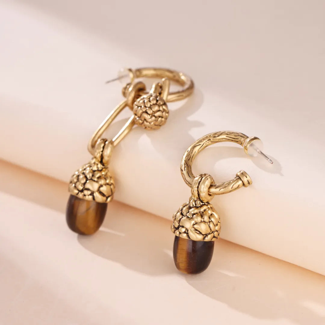 Tiger Eye Earrings "Oak Pearl" Gold
