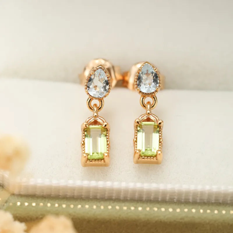 Peridot and Topaz Earrings "Geometric Refinement" Gold-Plated Silver