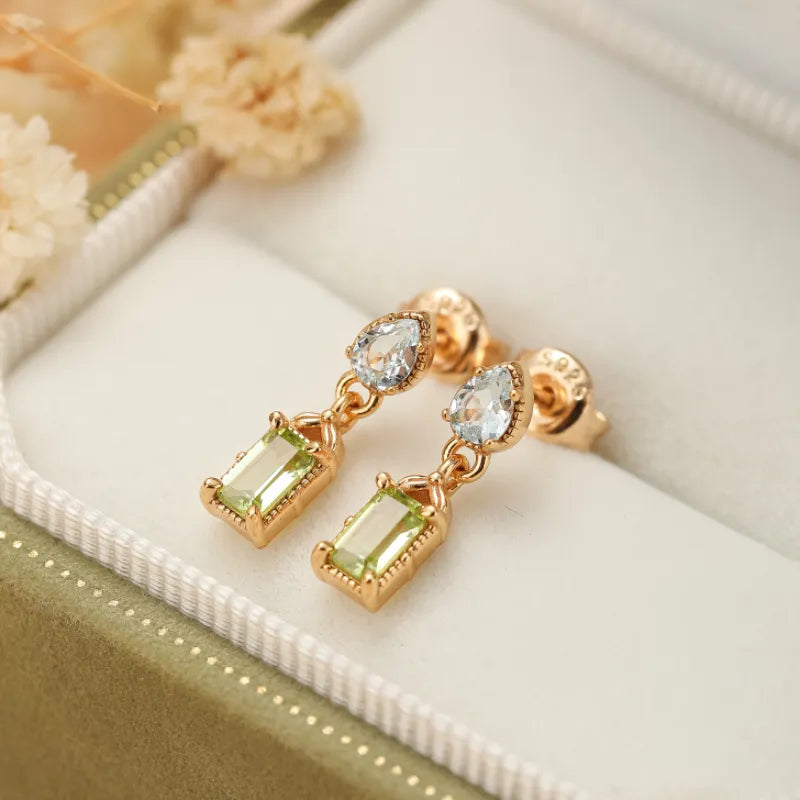 Peridot and Topaz Earrings "Geometric Refinement" Gold-Plated Silver