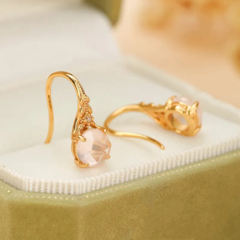 Boucles d'Oreilles Quartz Rose "Belle Floraison" Argent Doré Or