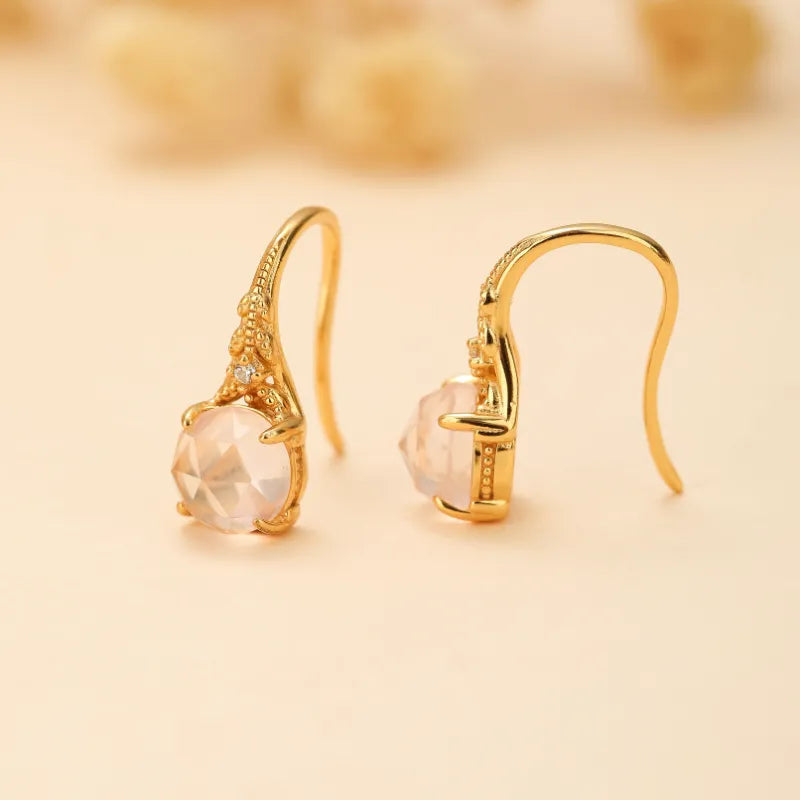Boucles d'Oreilles Quartz Rose "Belle Floraison" Argent Doré Or