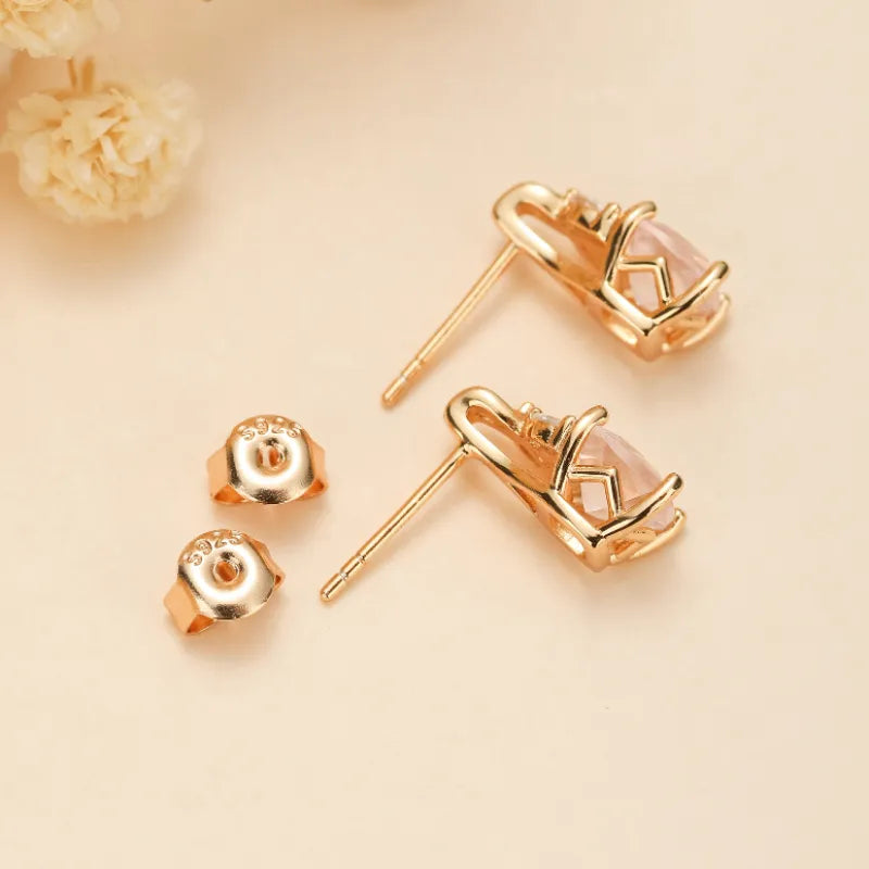 Boucles d'Oreilles Quartz Rose "Élégance Luxueuse" Argent Doré Or