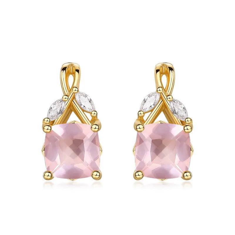 Boucles d'Oreilles Quartz Rose "Élégance Luxueuse" Argent Doré Or