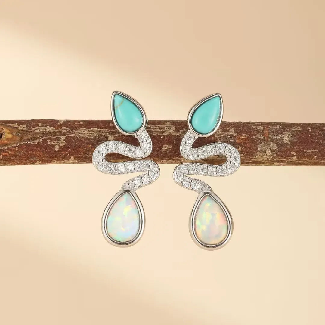 Turquoise and Opal Snake Earrings "Snake Charm" Silver
