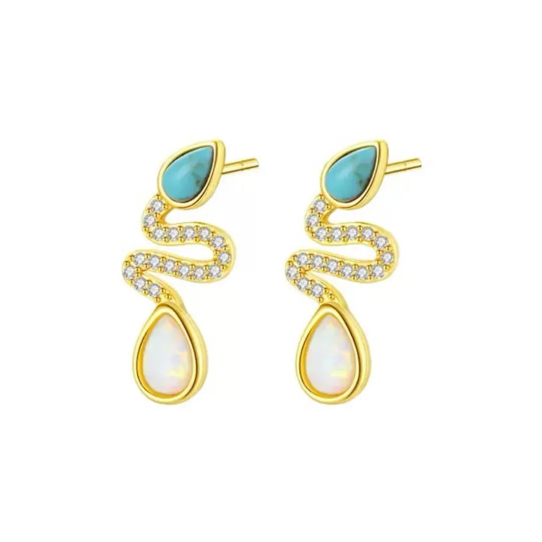 Turquoise and Opal Snake Earrings "Snake Charm" Silver