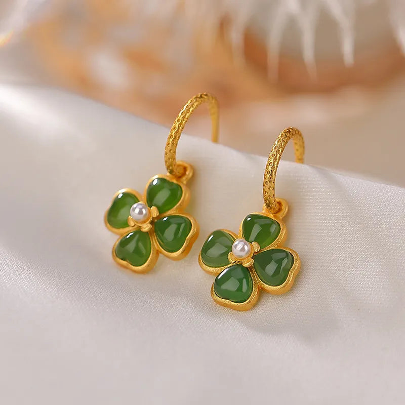 Earrings Clover Jade "Elegant Chance" Gold-Plated Silver