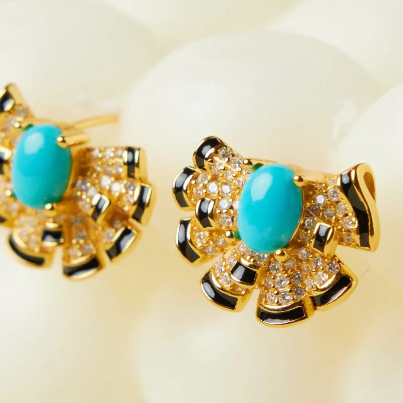 Boucles d'Oreilles Turquoise "Fleur Maritime" Argent Doré Or