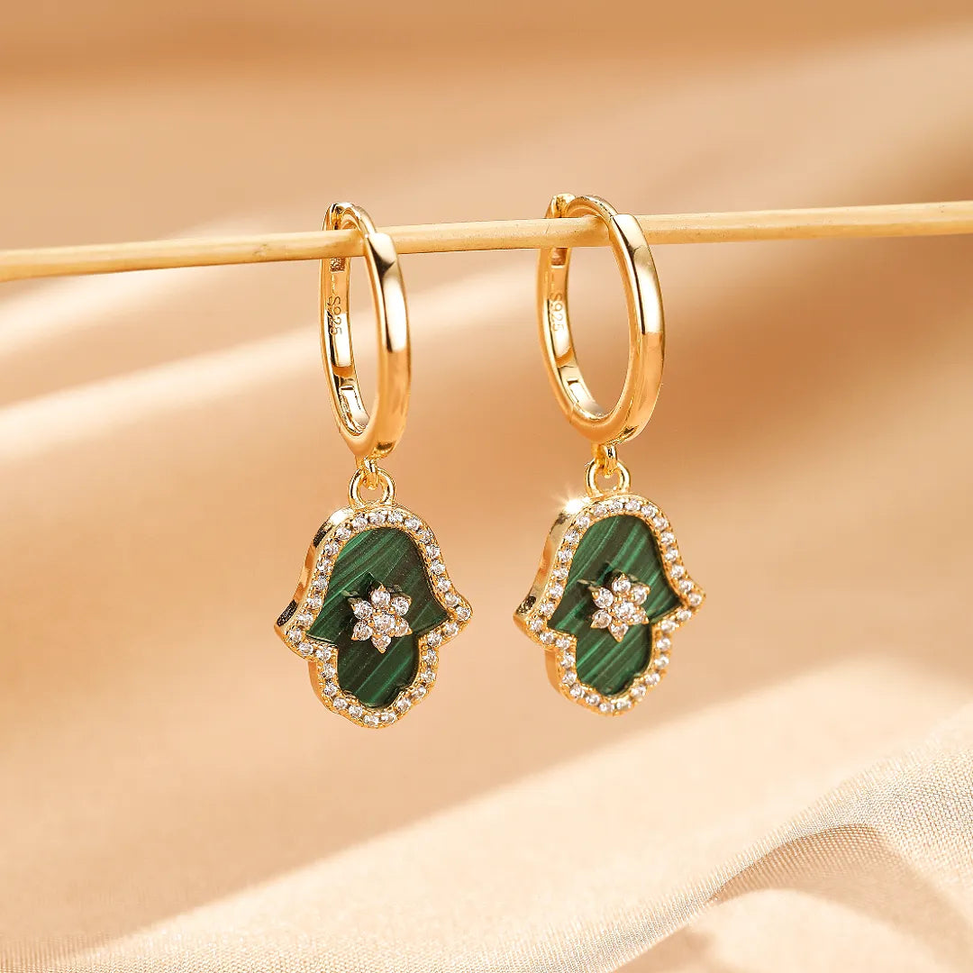 Boucles d'Oreilles Malachite "Main Protectrice" Argent Doré Or